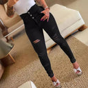 Women's High-Waist Distressed Jeans with Button Accents