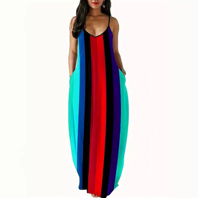 Chic Maxi Dress with Deep V-Neck and Side Pockets