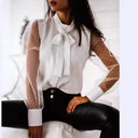 Chic Women's Blouse with Sheer Puff Sleeves & Bow Accent
