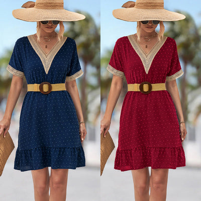 V-Neck Women's Dress with Lace Accents