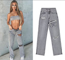 Trendy High-Waisted Ripped Jeans with Fringes for Women