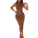 Chic Midi Dress with Stand-Up Collar for Women