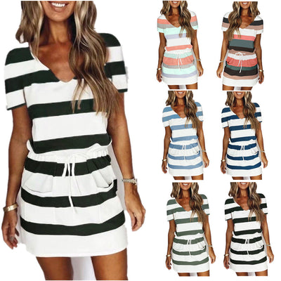 Stylish Women's Striped Mini Dress with Adjustable Waist