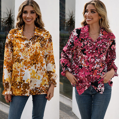 Floral Print Women's Blouse with Flowing Sleeves