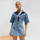 Chic Women's Denim Dress with Short Sleeves and Handy Pockets