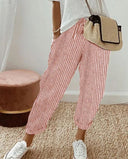 Women's Striped Pants with Elastic Waist and Side Pockets