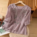 Floral Embroidered Women's Blouse with Button Neckline