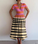 Chic Women's Maxi Dress with Deep V-Neck and Trendy Stripes