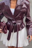 Women's Faux Leather Blazer with Adjustable Belt