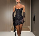Glittery Cocktail Dress with Ruffle Accents and Asymmetrical Design