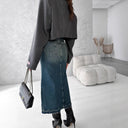 Trendy Women's High Slit Denim Skirt in Vintage Style