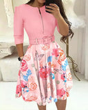 Floral Print A-Line Dress with Waist Belt for Women