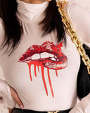 Chic Women's Long-Sleeve Bodysuit with Artistic Lip Design