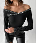 Chic Off-Shoulder Women's Top with Rhinestone Accents