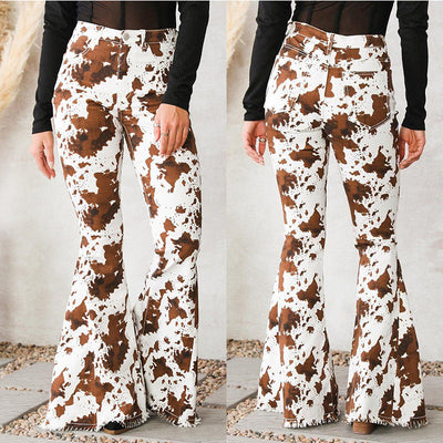 Stylish Women's Cow Print Flared Jeans