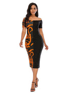 Chic Off-Shoulder Midi Dress with Eye-Catching Graphic Print