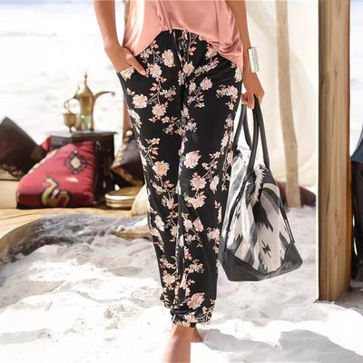 Floral Print Women's Pants with Stretchy Waistband