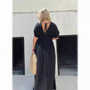Chic Women's Maxi Dress with Deep V-Neck & Side Pockets