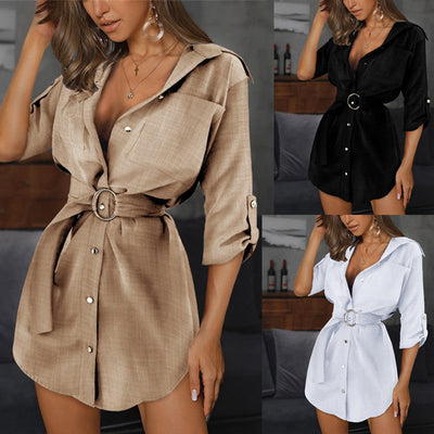 Chic Women's Belted Shirt Dress with Button Placket