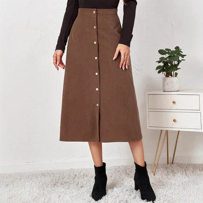 Chic Women's Long Cord Skirt with Button Detail