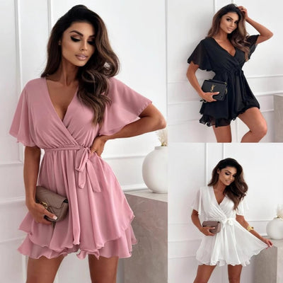 V-Neck Airy Wrap Dress with Flowing Skirt