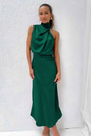 Chic Maxi Dress with Stand-Up Collar and Draped Design