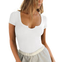 Chic Women's Short Sleeve Bodysuit with Deep Neckline