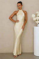 Chic Satin Maxi Dress with High Neck Design