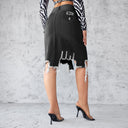 High-Slit Denim Skirt with Fringe Hem