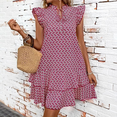 Boho Ruffle Dress with High Neck Collar