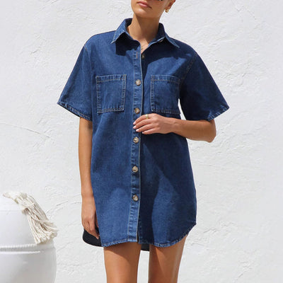 Stylish Women's Denim Shirt Dress with Pockets
