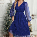 Glamorous Midi Dress with Sheer Puff Sleeves and Sequin Design