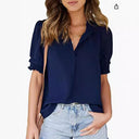 Ruffled Sleeve Short Sleeve Blouse with Stand-Up Collar