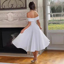 Off-Shoulder Midi Dress with Flared Pleats and Pockets