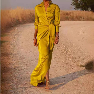 Chic Women's Maxi Dress with Unique Collar and Side Slit