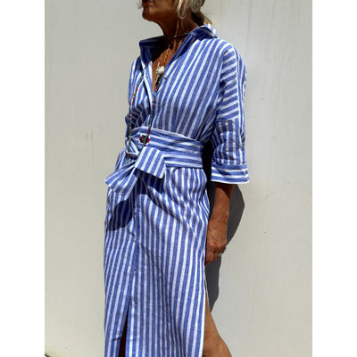 Striped Long Sleeve Shirt Dress with Belt