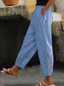 Chic Linen Pants with Side Slits and Elastic Waist