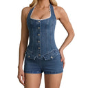 Chic Women's High Collar Denim Jumpsuit with Button Placket