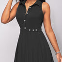 Women's Knee-Length Button-Up Shirt Dress with Pleated Skirt