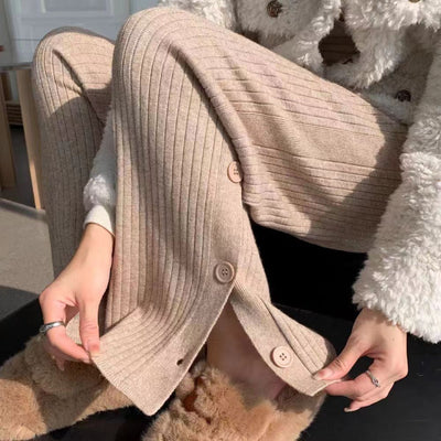 Chic Knit Trousers with Decorative Button Accents