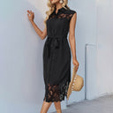 Chic Women's Long Sleeve Lace Accent Dress with Adjustable Belt
