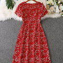 Floral Accent Women's Blouse Dress with Button Placket