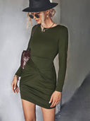 Chic Knee-Length Wrap Dress with Ruching and Long Sleeves