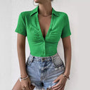 Textured V-Neck Women's Short Sleeve Blouse