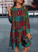 Women's Vibrant Patchwork Dress with Elastic Cuffs