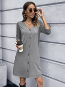 Women’s V-Neck Button Dress with 3/4 Sleeves