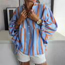 Women's Striped Blouse with Wide Sleeves and Button Closure