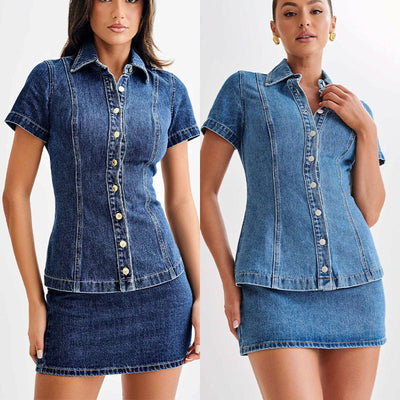Women's Figure-Flattering Denim Dress with Pleat Accents