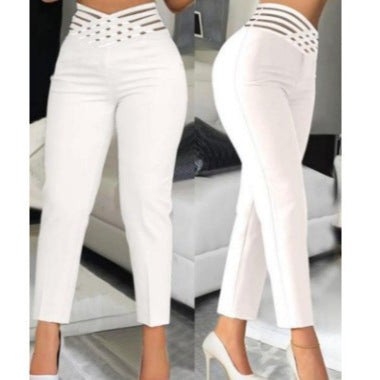 Chic Women's High-Waisted Pants with Decorative Inserts