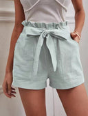 Women's Chic Linen Shorts with Decorative Tie and Elastic Waistband
